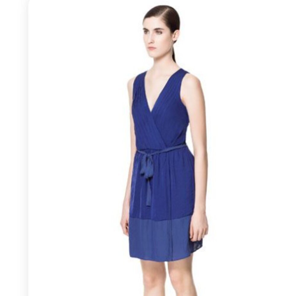 Zara Basic Elegant Blue Sleeveless Faux Wrap Tie Dress Medium